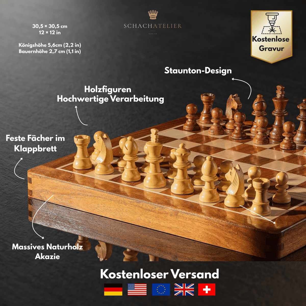 Geöffnetes Etui mit Ausstattungsdetails zu den Fächern für die Figuren