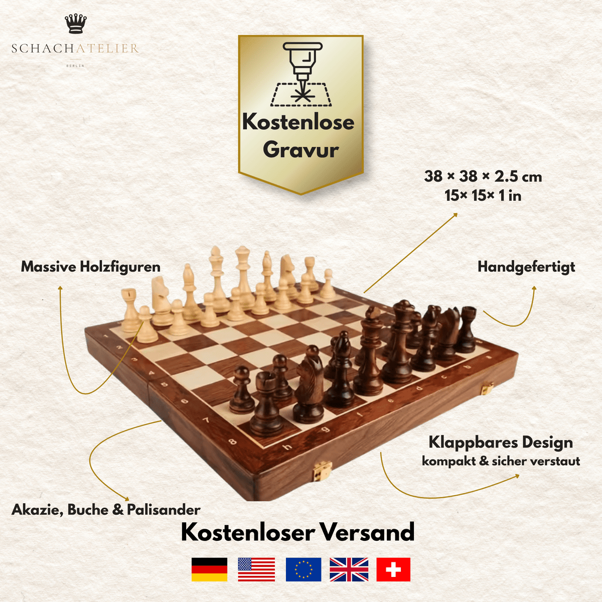 Reiseschach 38 cm aus Akazie, Buche und Palisander mit kostenloser Gravur