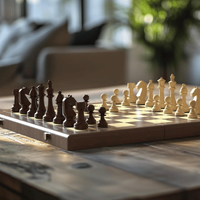 Holzschachspiel mit aufgestellten Figuren auf einem Tisch im Wohnzimmer – Schachatelier