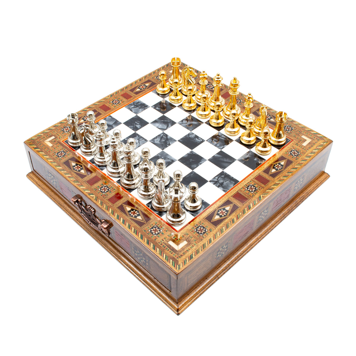 Schachspiel aus Holz mit Figurensatz in Gold und Silber – Schachatelier
