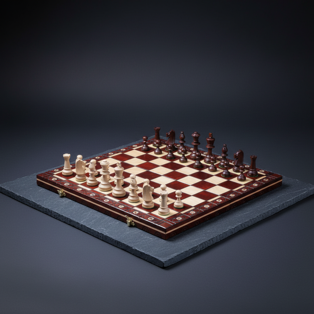 Jeu d'échecs pliant en bois sur une dalle de pierre sombre, fond anthracite