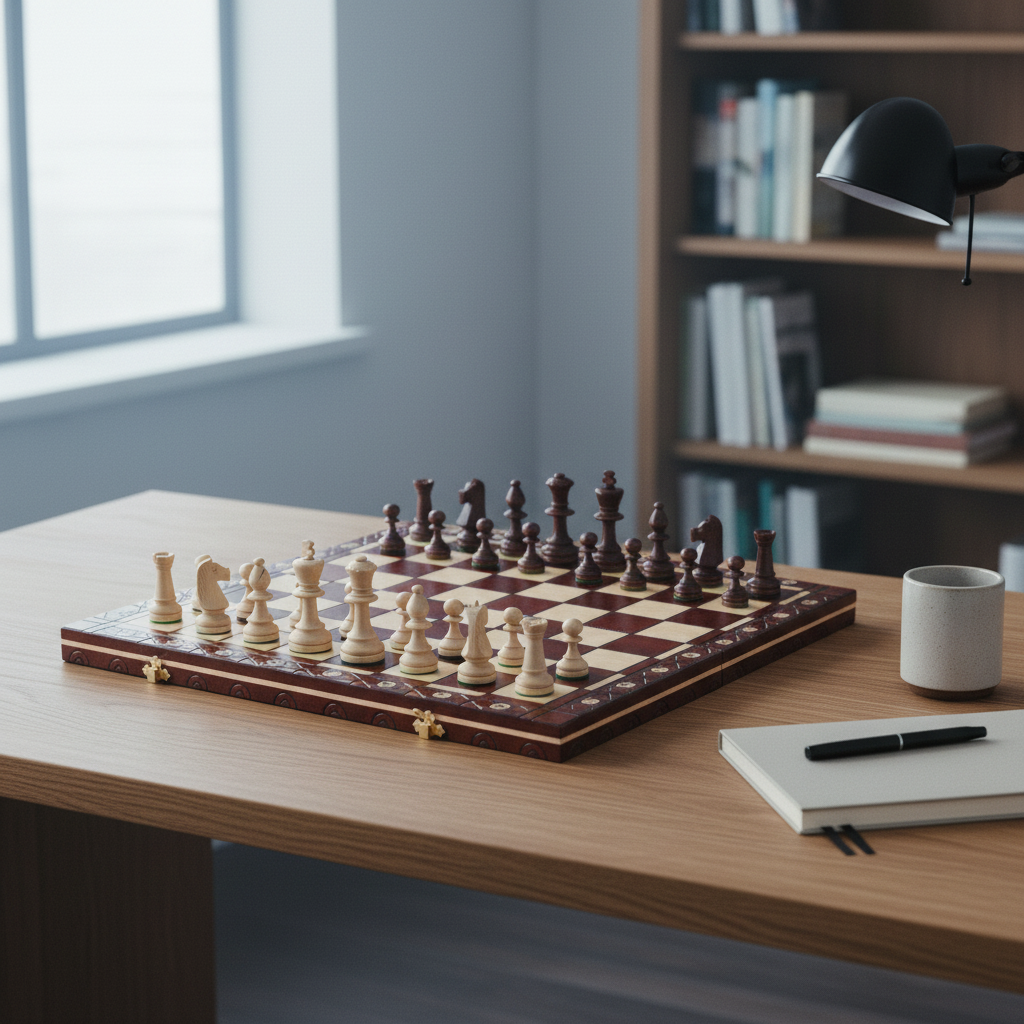 Jeu d'échecs pliant en bois sur un bureau dans un cabinet de travail