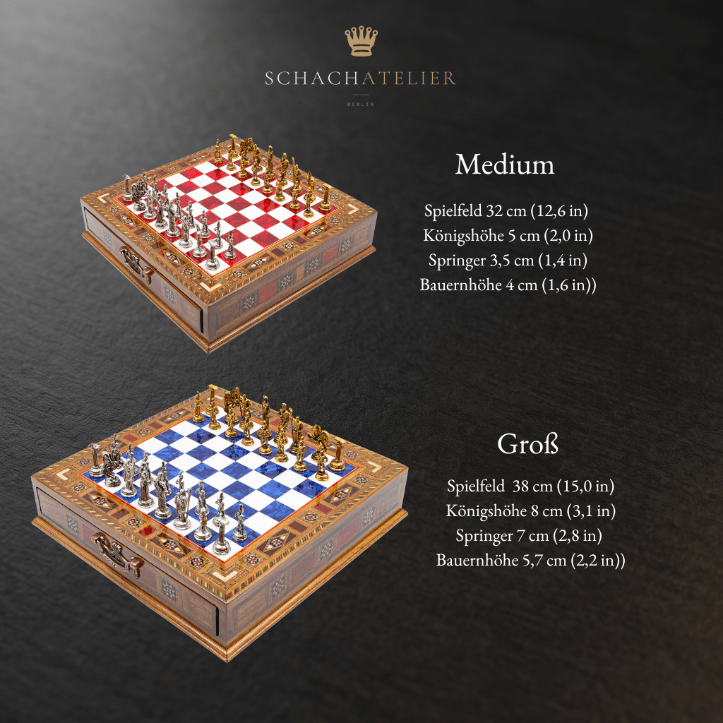 Size chart of the Roman chess set in 32 and 38 cm – Chess studio
