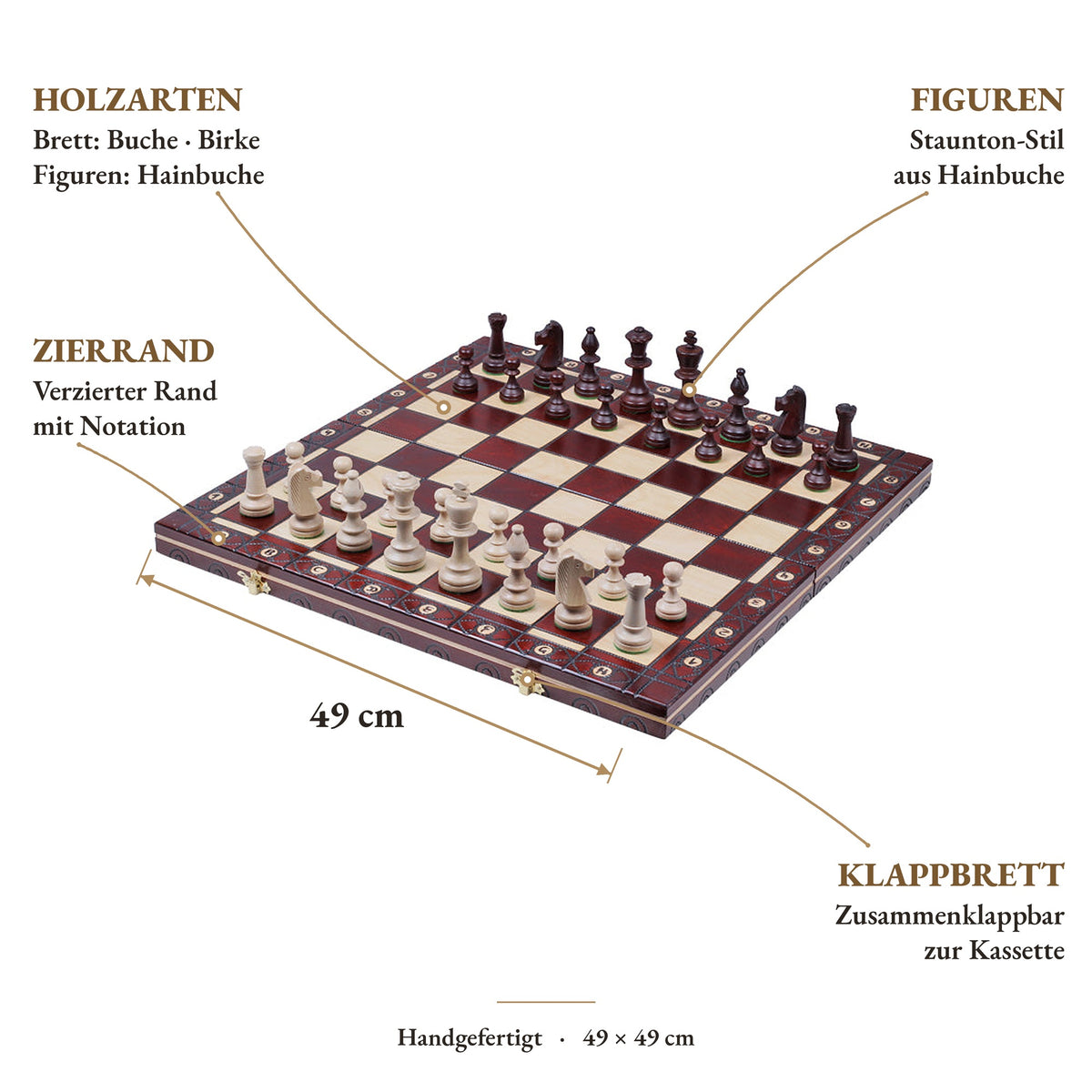 Jeu d'échecs pliant avec bordure décorative et gravure, 49 cm