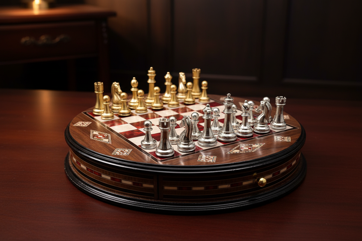 Wooden chess set with gold and silver Staunton pieces in red and white checkered board with storage drawer