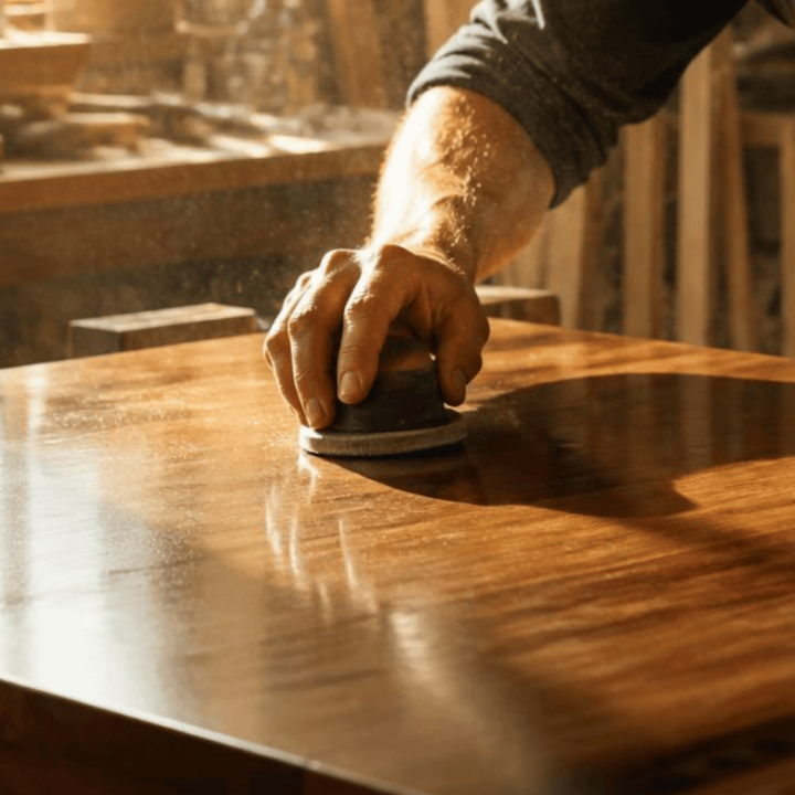Holzoberfläche wird von Hand poliert – Schachatelier