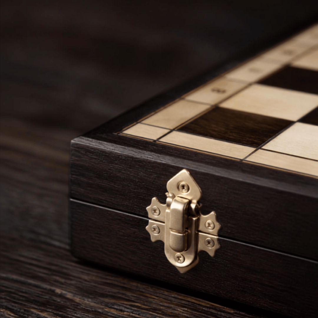 Gros plan sur la charnière en laiton du coffret d'échecs fermé