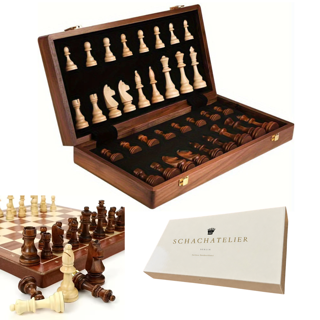Reiseschach mit Figurenaufbewahrung, aufgebautem Spiel und Geschenkbox von Schachatelier