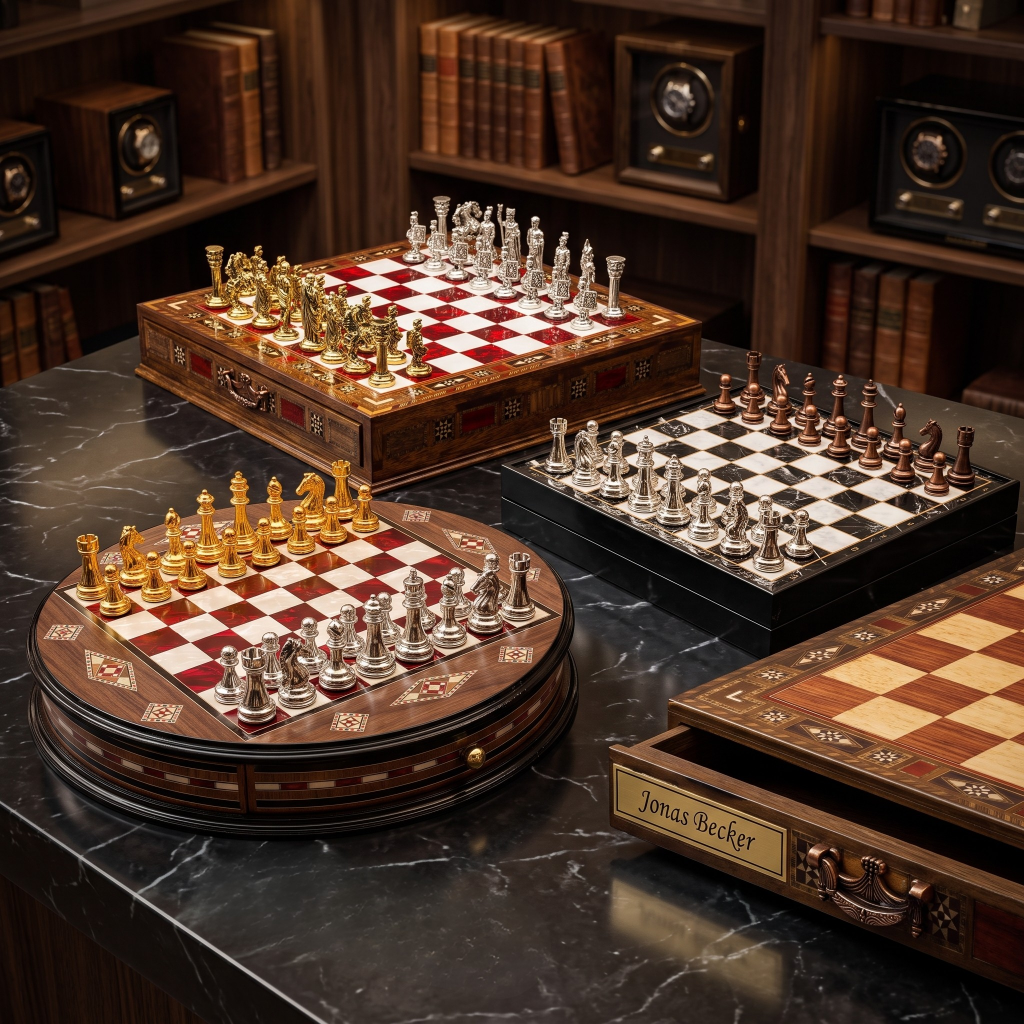 Schachatelier Kollektion: Mosaik-Schachspiele mit Metallfiguren in Gold und Silber, rundes Schachspiel und Schachkassette mit graviertem Namensschild