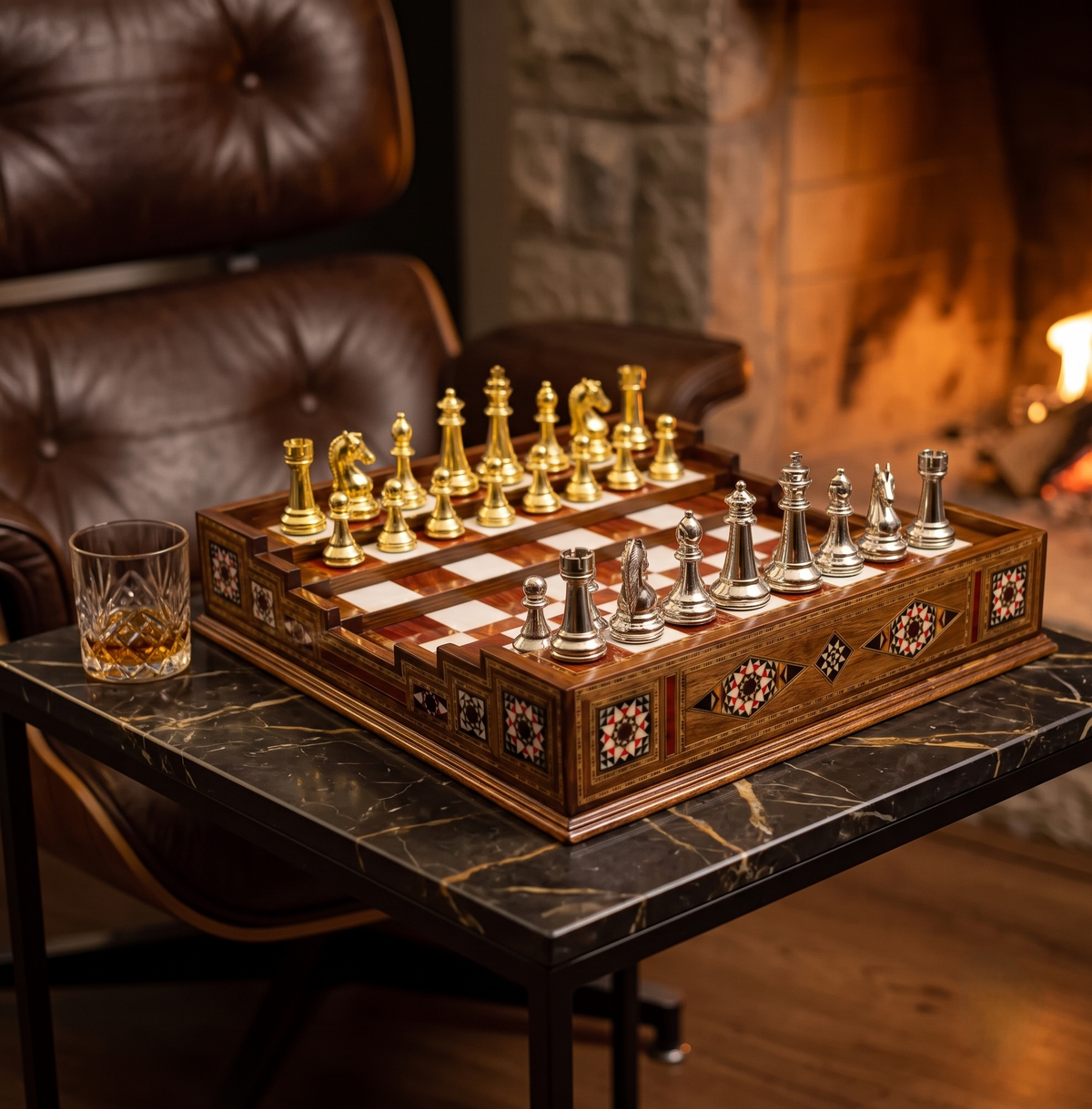 Arena-Schachspiel Premium auf Marmortisch neben Ledersessel, Lifestyle-Aufnahme – Schachatelier