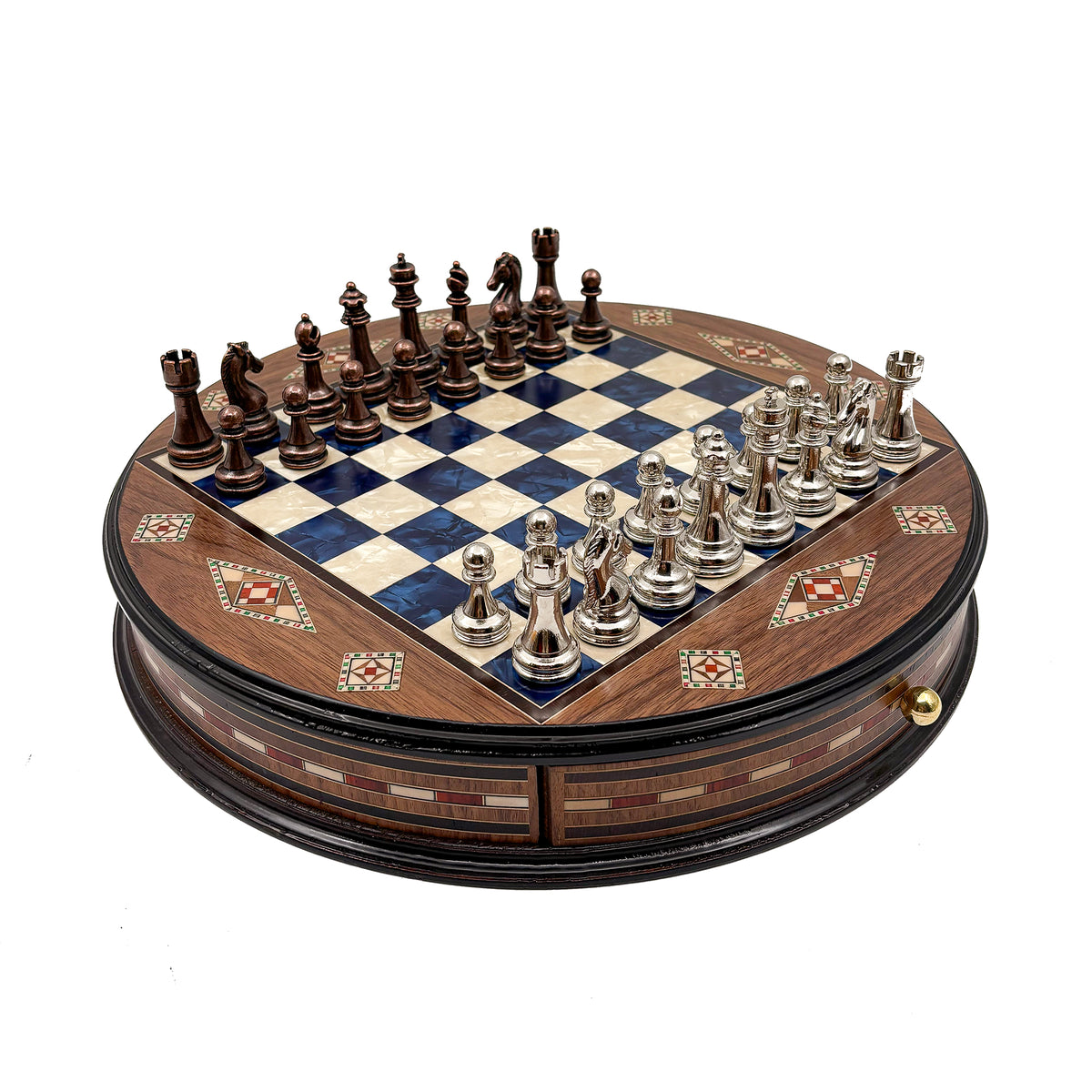 Handgefertigtes rundes Mosaik-Schachspiel aus Holz mit Schublade – Schachatelier