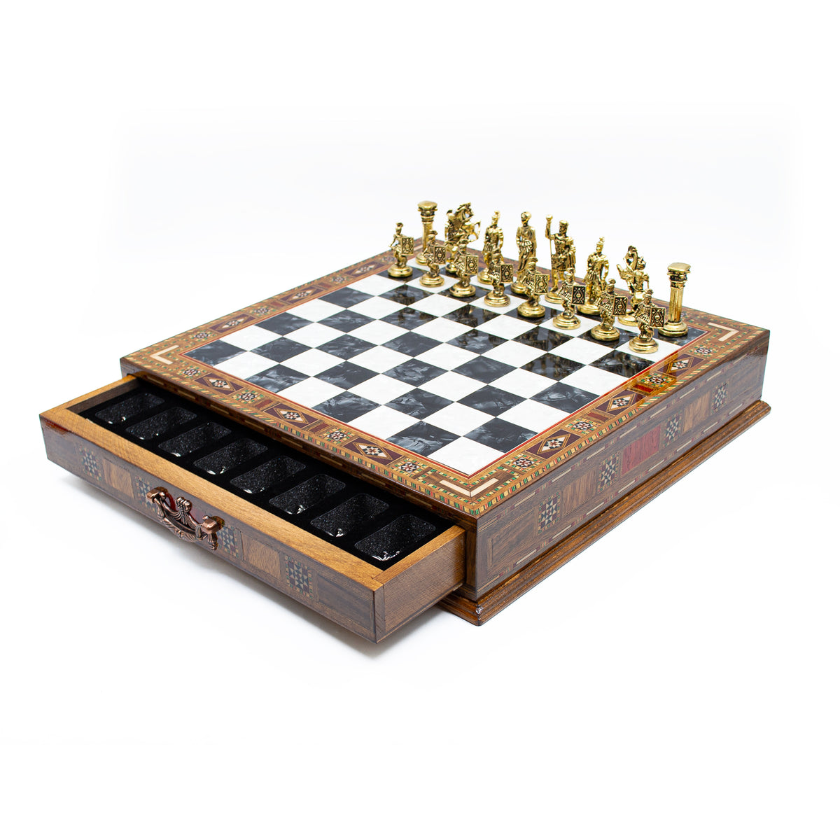 Open Roman wooden chess set with pieces in the storage compartment – Chess atelier