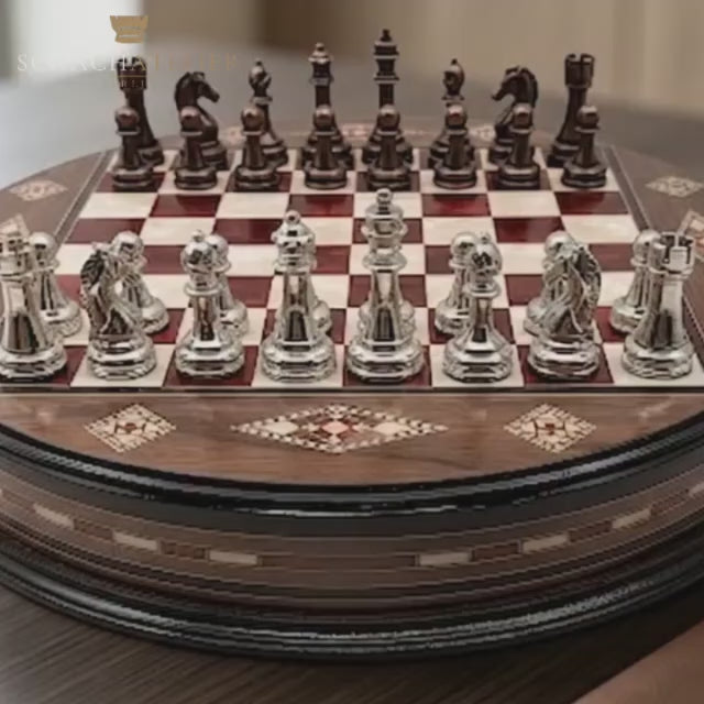 Video: rundes Mosaik-Schachspiel aus Holz mit Schublade – Schachatelier
