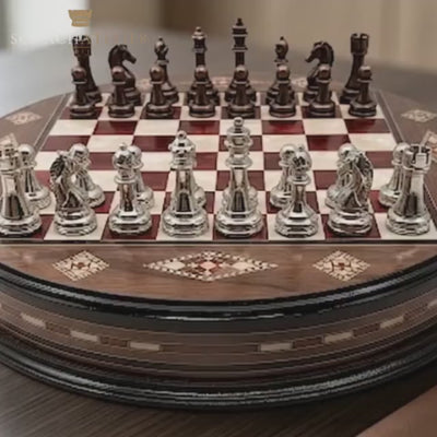 Video: rundes Mosaik-Schachspiel aus Holz mit Schublade – Schachatelier
