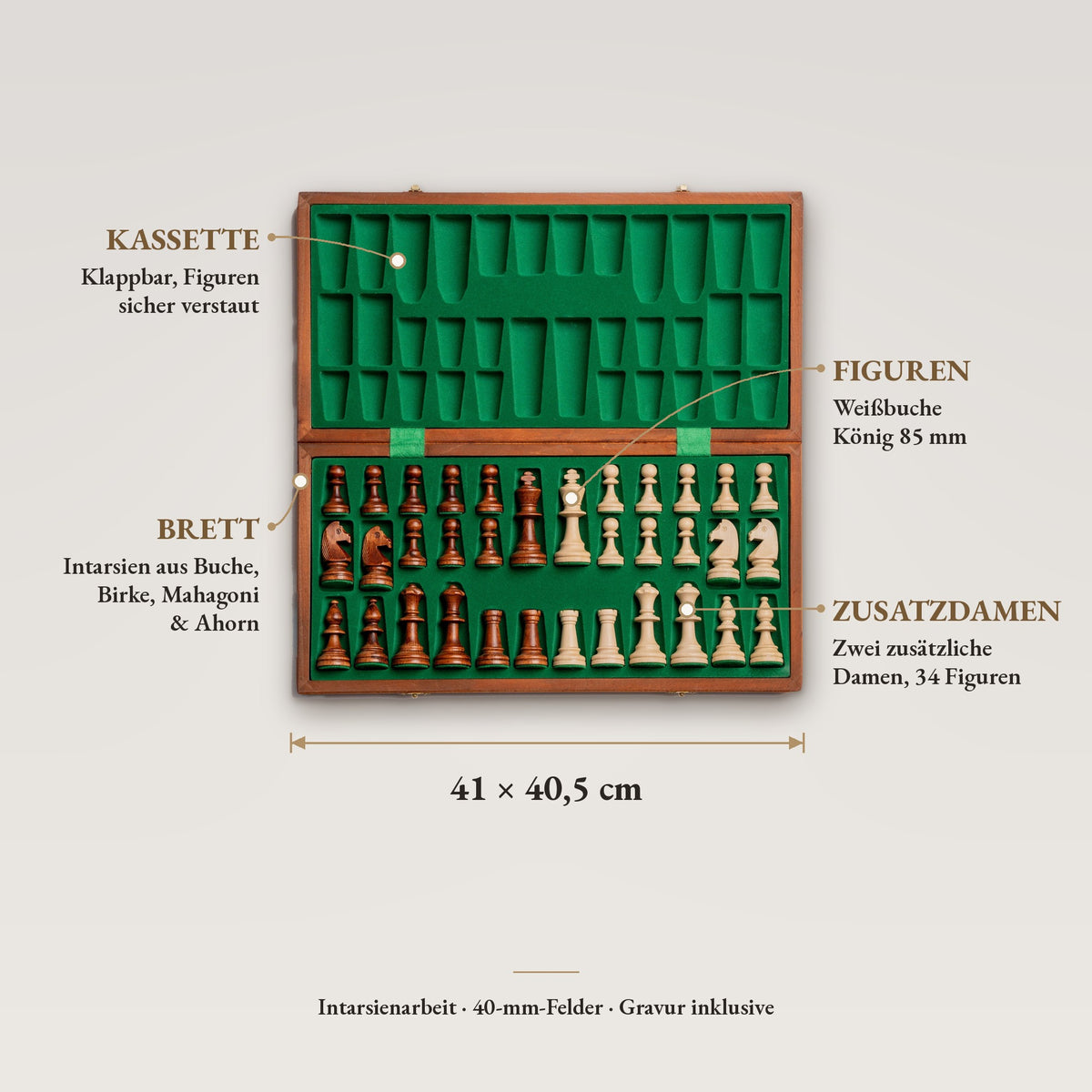 Infografik Schachspiel mit Intarsien, 41 × 40,5 cm: klappbare Kassette, Figuren aus Weißbuche, König 85 mm, zwei Zusatzdamen – Schachatelier