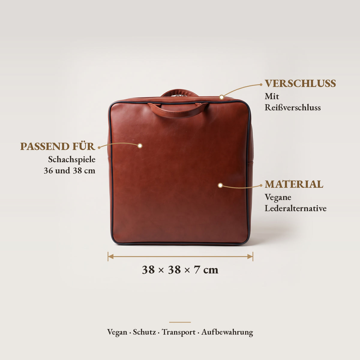 Infografik Schachtasche: vegane Lederalternative, Reißverschluss, 38 × 38 × 7 cm, passend für Schachspiele 36 und 38 cm – Schachatelier